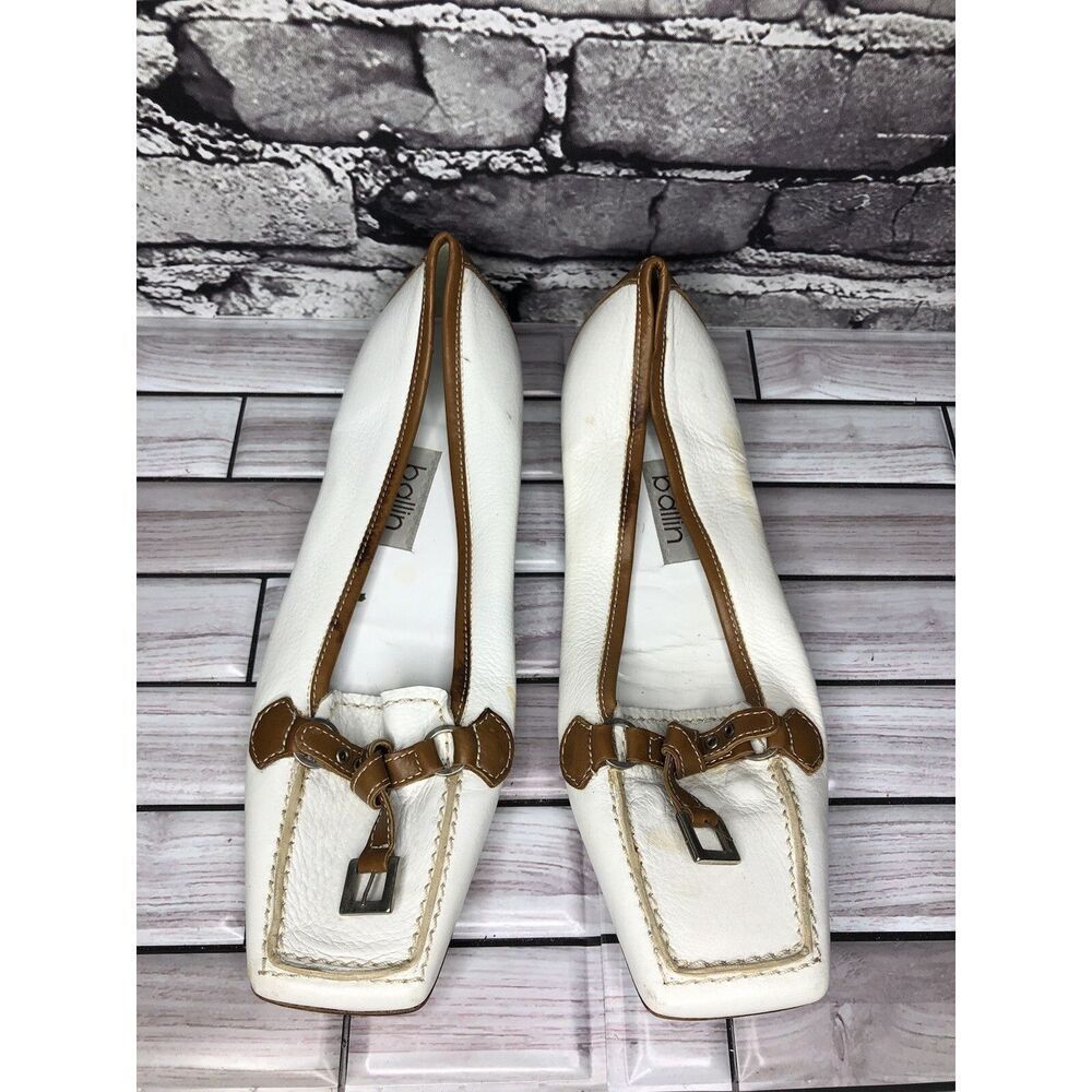 Ballin White Brown Leather Strap Square Loafers Dress Shoes Women Sz 37.5EU/7US